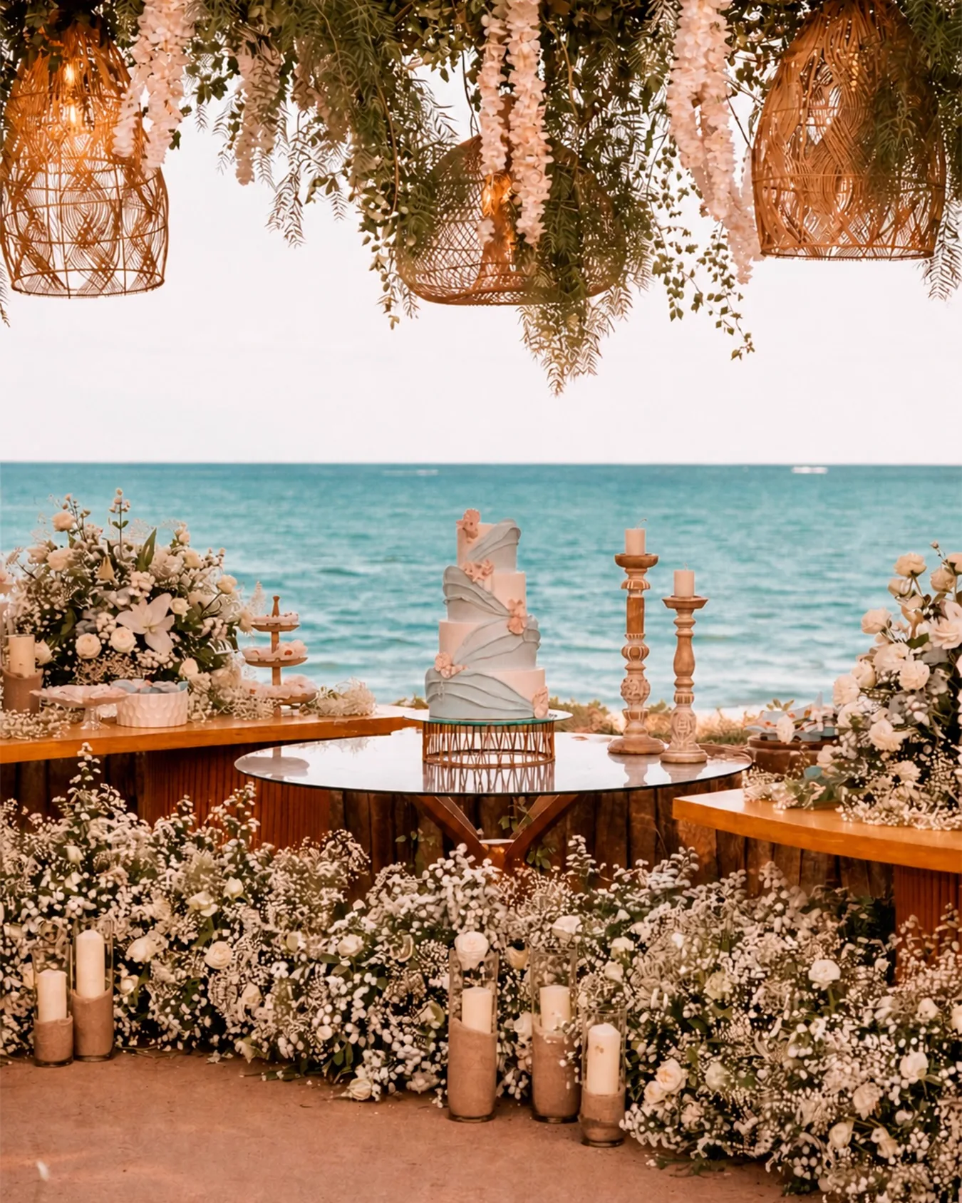 Mesa de doces com luminárias de fibra natural de frente para o mar no UNIQUE Beach